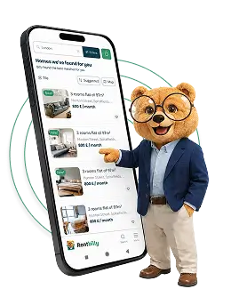 Billy met telefoon waarop huurwoningadvertenties worden getoond
